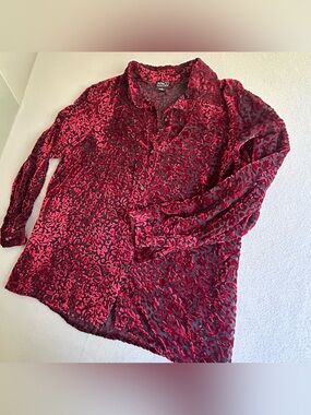 New York & Company Red and Black Burnout Velvet Blouse